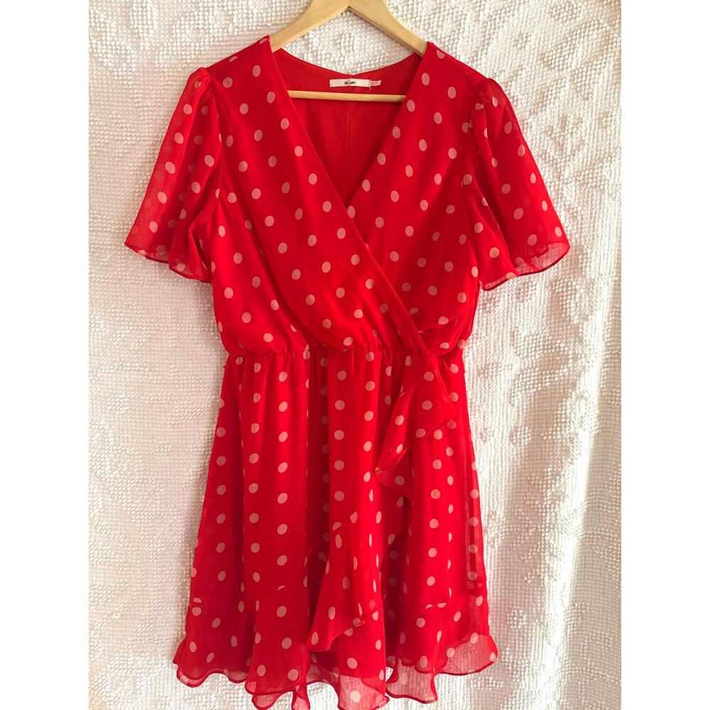 RED POLKA DOT DRESS Size Large Retro Twee Lined Flutter Sleeves